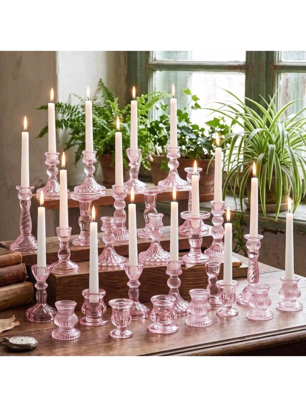 30 Pcs Assorted Pink Glass Taper Candle Holders - Elegant Home Decor Set